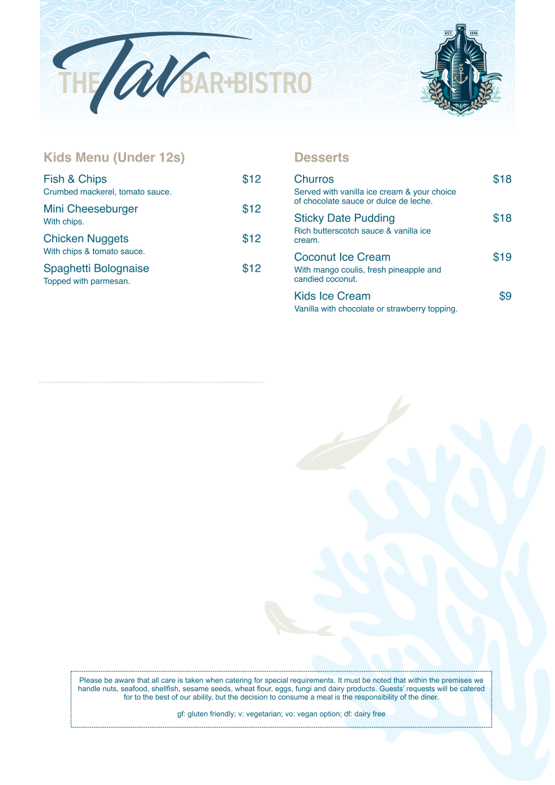 Menu, Barrier Reef Tavern
