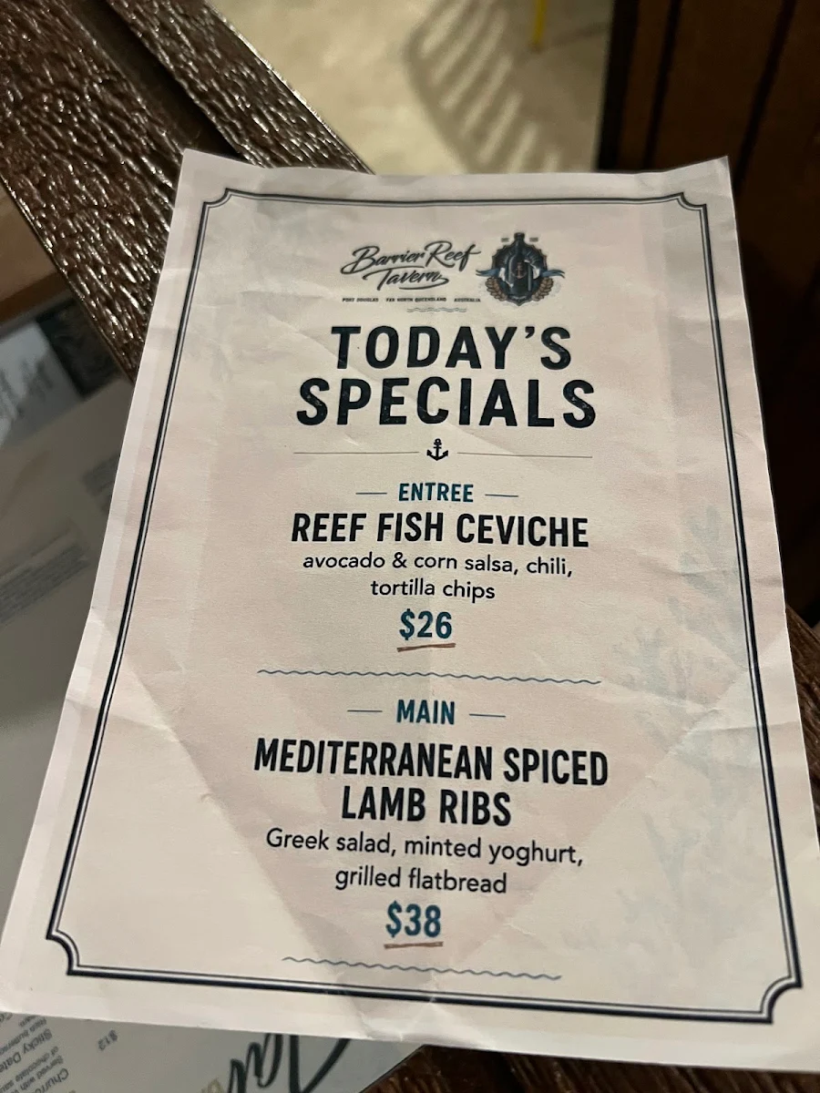Menu, Barrier Reef Tavern