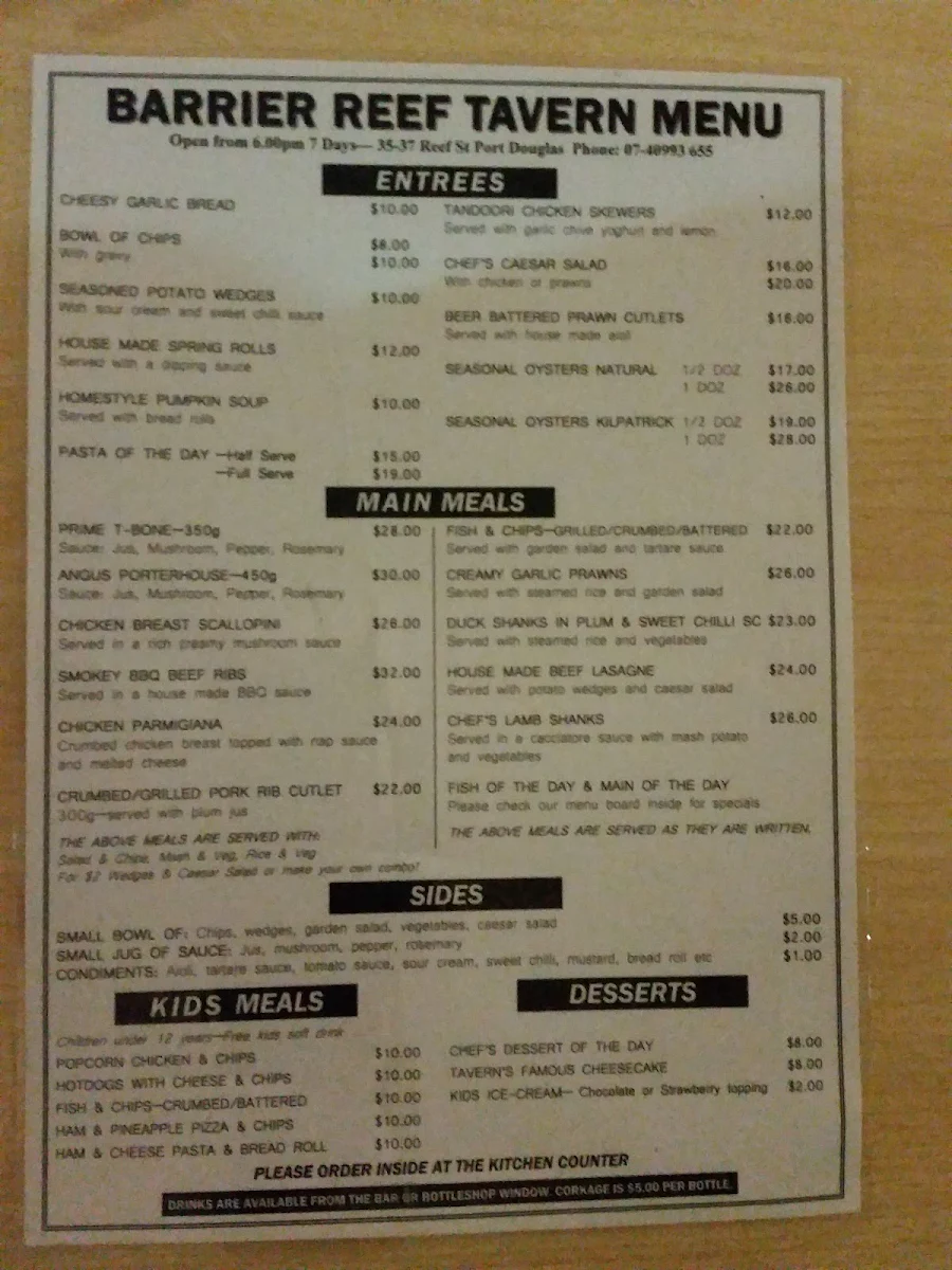 Menu, Barrier Reef Tavern