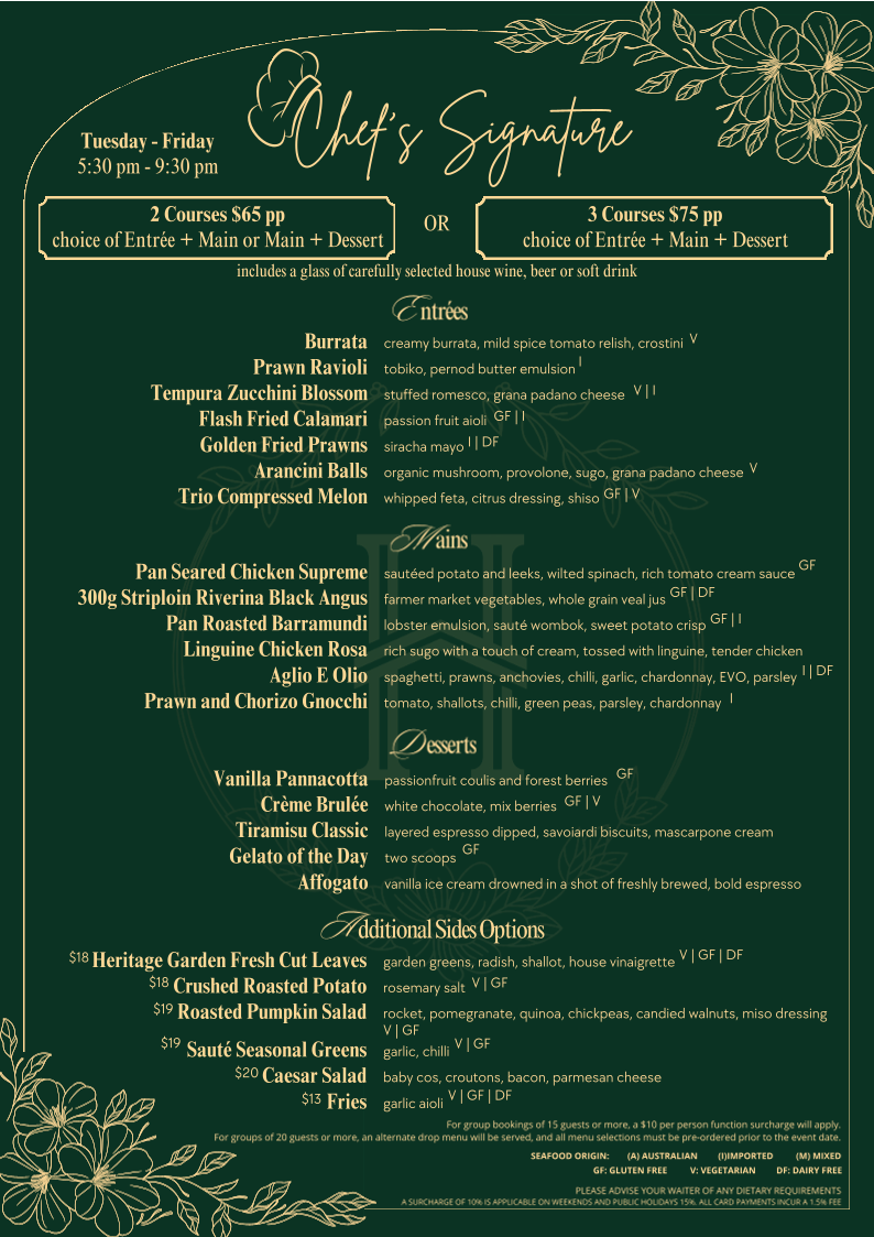 Menu, The Heritage House