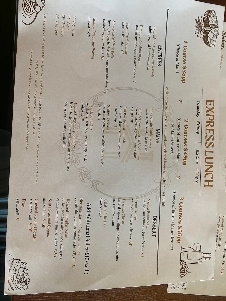 Menu, The Heritage House