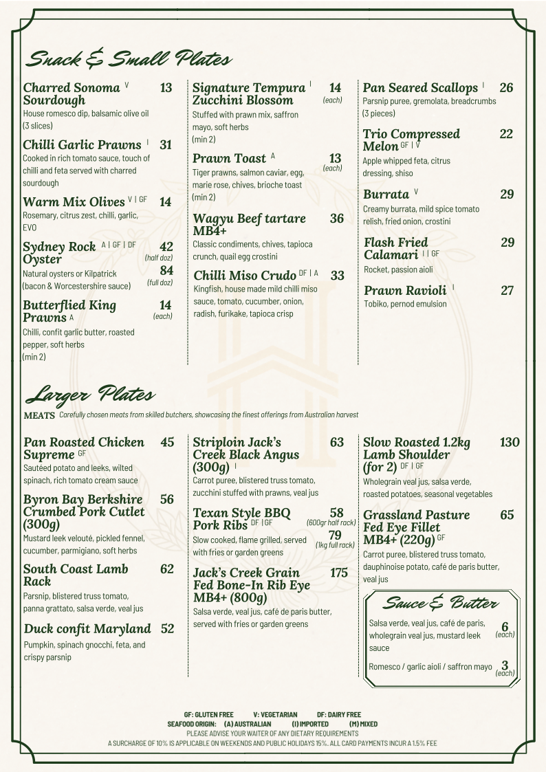 Menu, The Heritage House