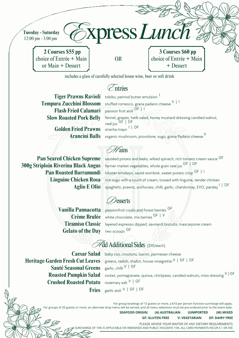 Menu, The Heritage House