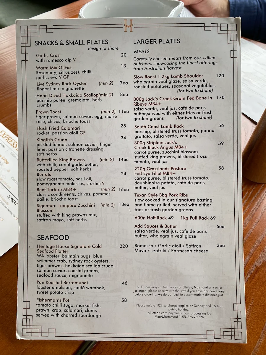 Menu, The Heritage House