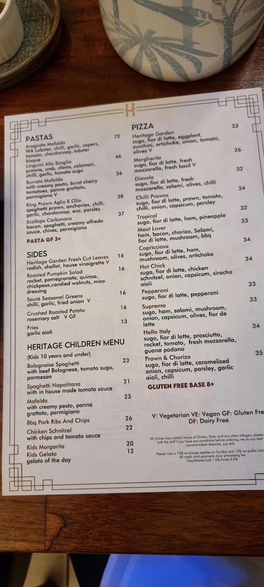 Menu, The Heritage House