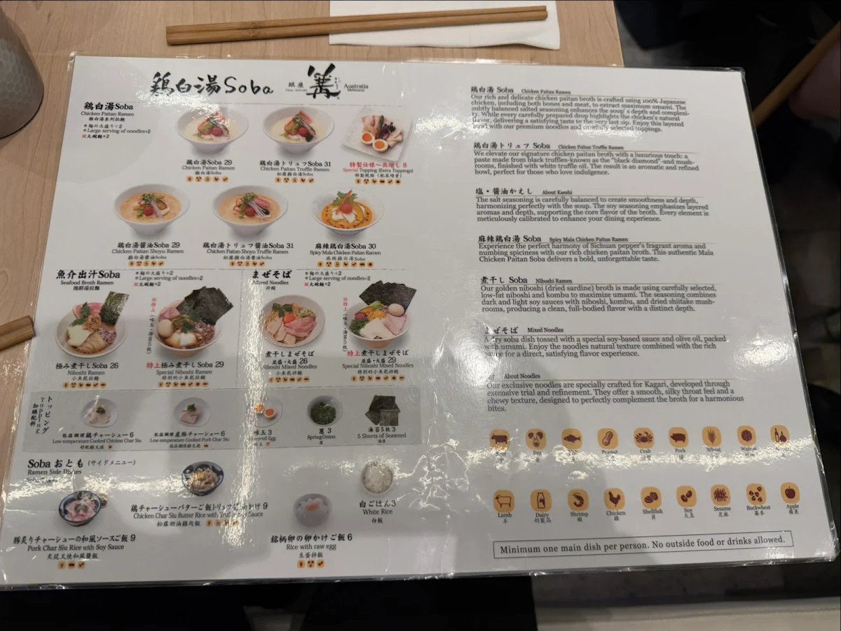Menu, Ginza Kagari Melbourne CBD