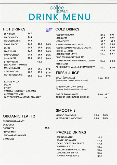 Menu, Coffee Flower Wetherill Park