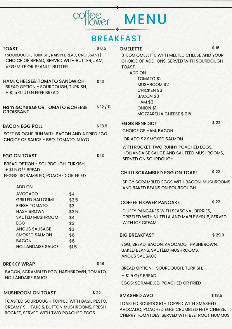 Menu, Coffee Flower Wetherill Park