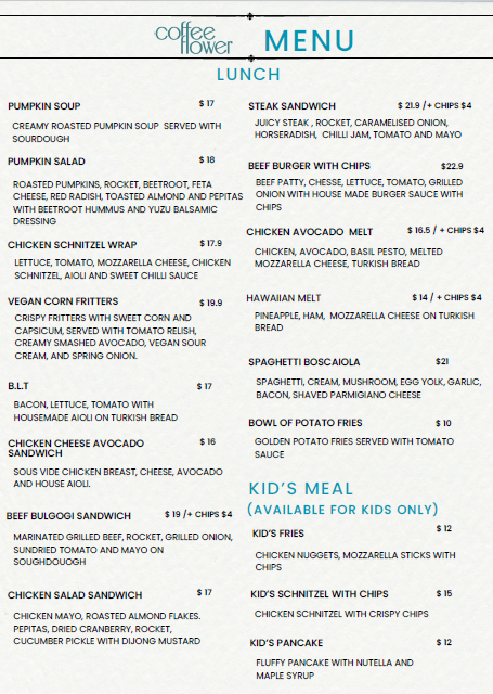Menu, Coffee Flower Wetherill Park