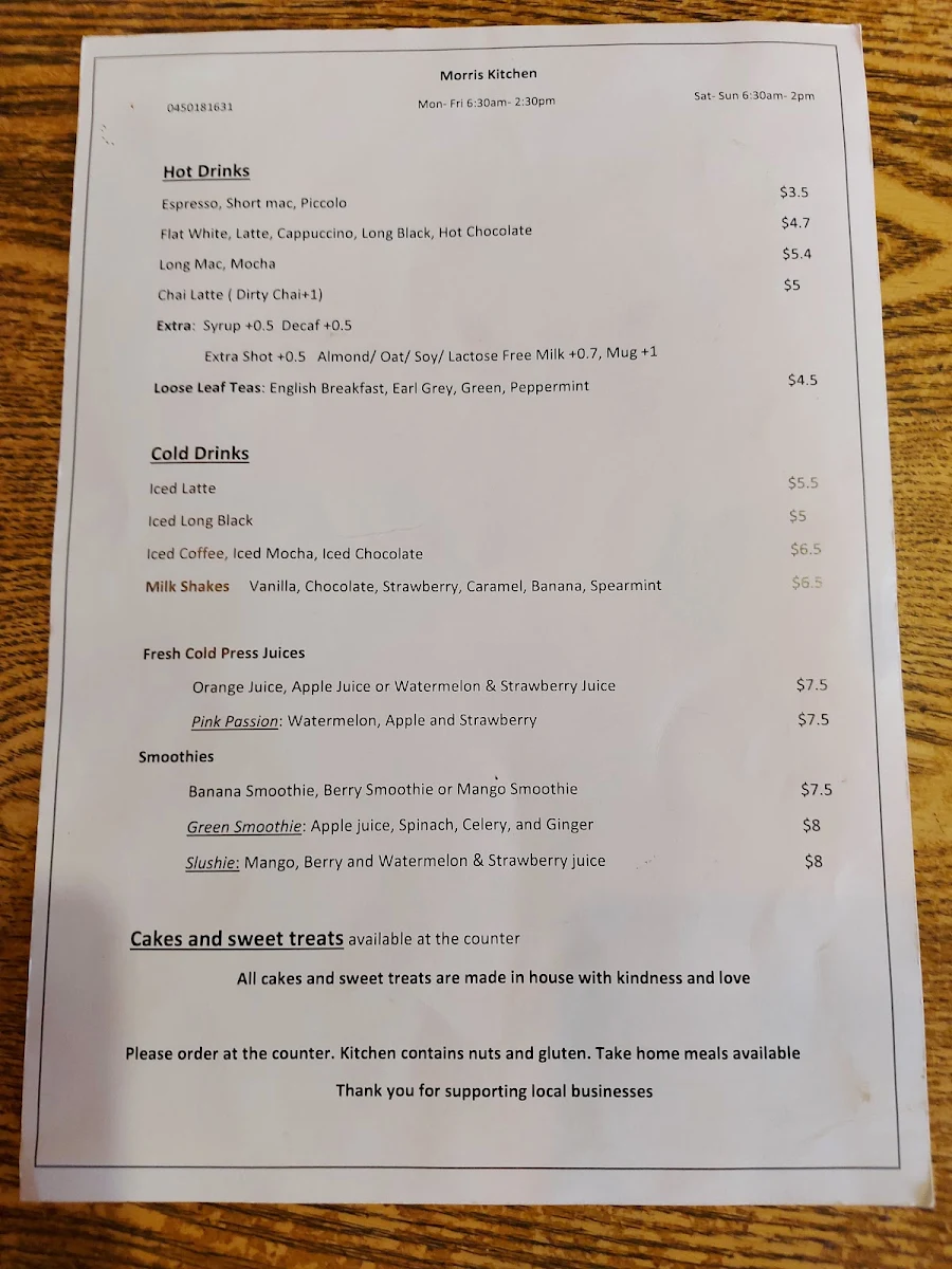 Menu, Morris Kitchen