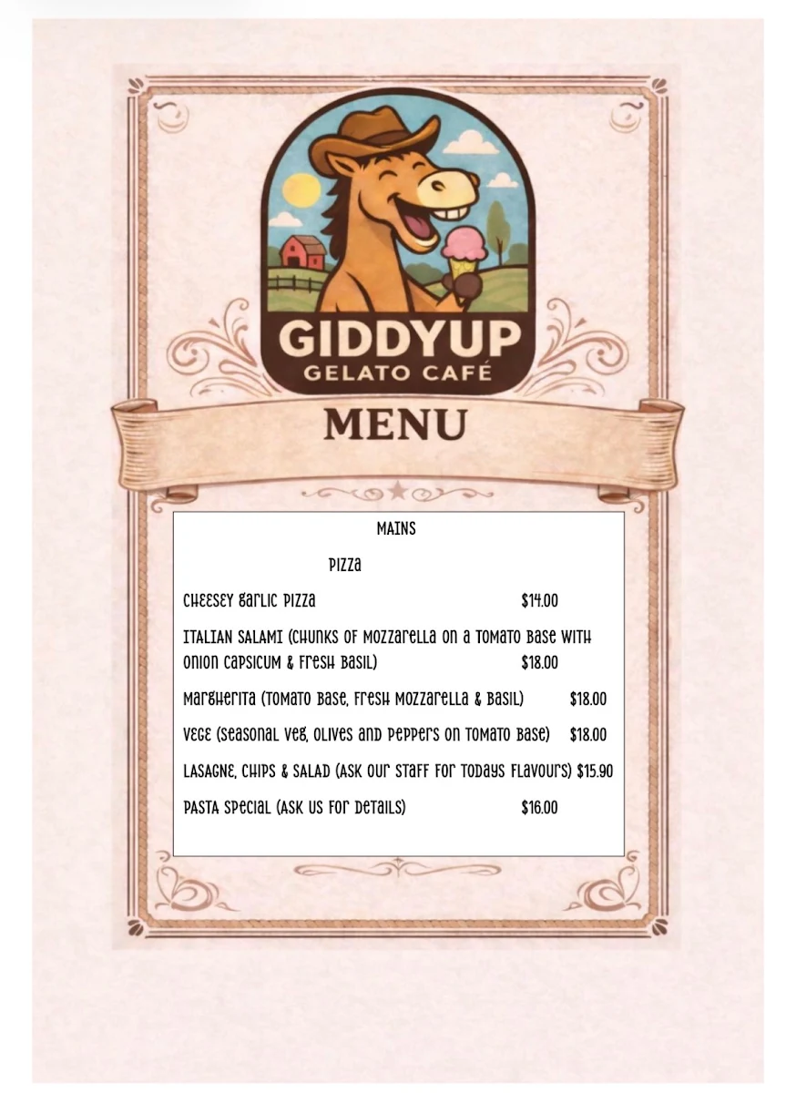 Menu, Giddyup Gelato Cafe Canungra