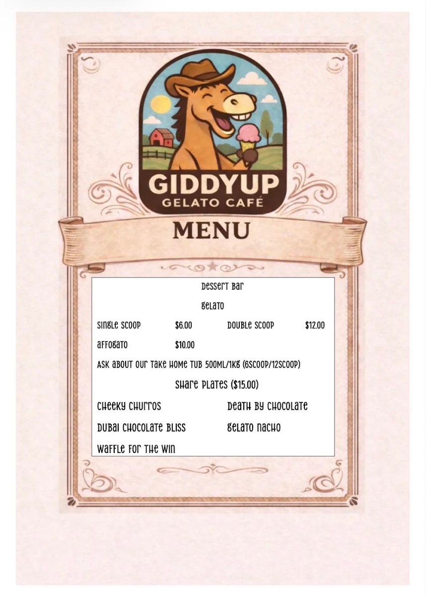 Menu, Giddyup Gelato Cafe Canungra