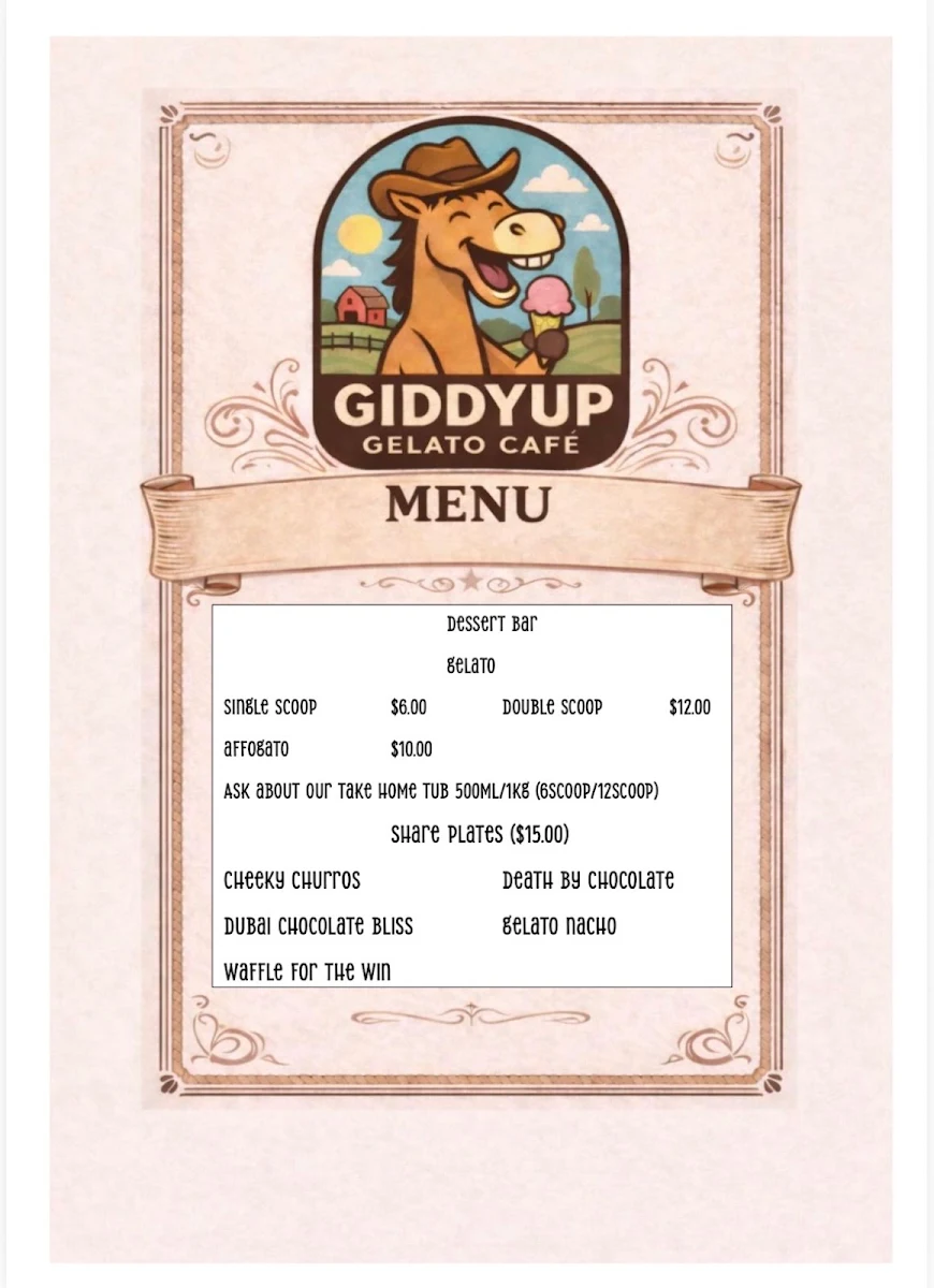 Menu, Giddyup Gelato Cafe Canungra
