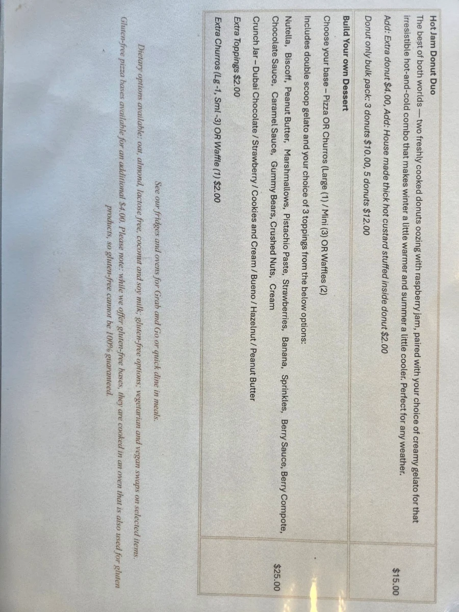 Menu, Giddyup Gelato Cafe Canungra