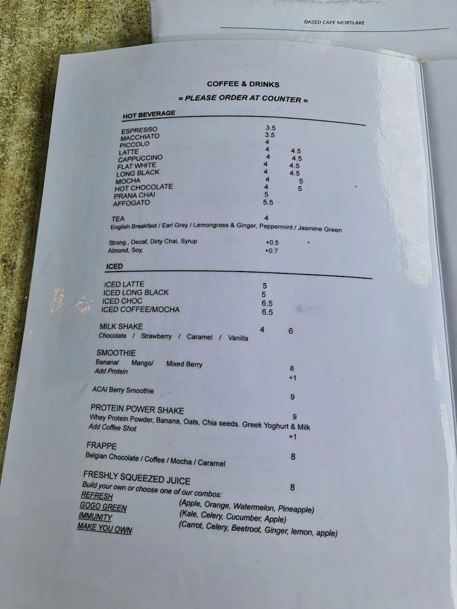Menu, Dazed cafe