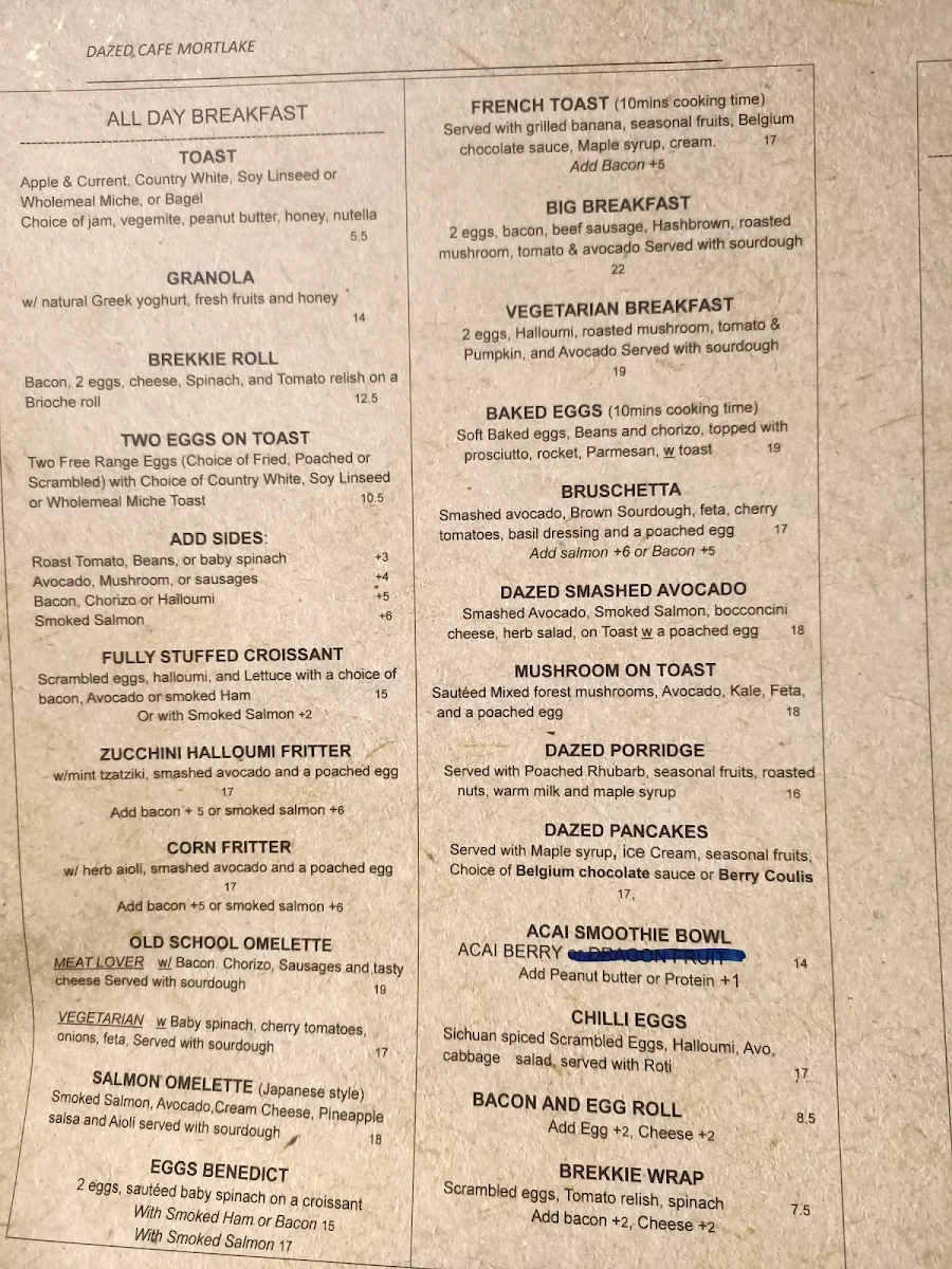 Menu, Dazed cafe