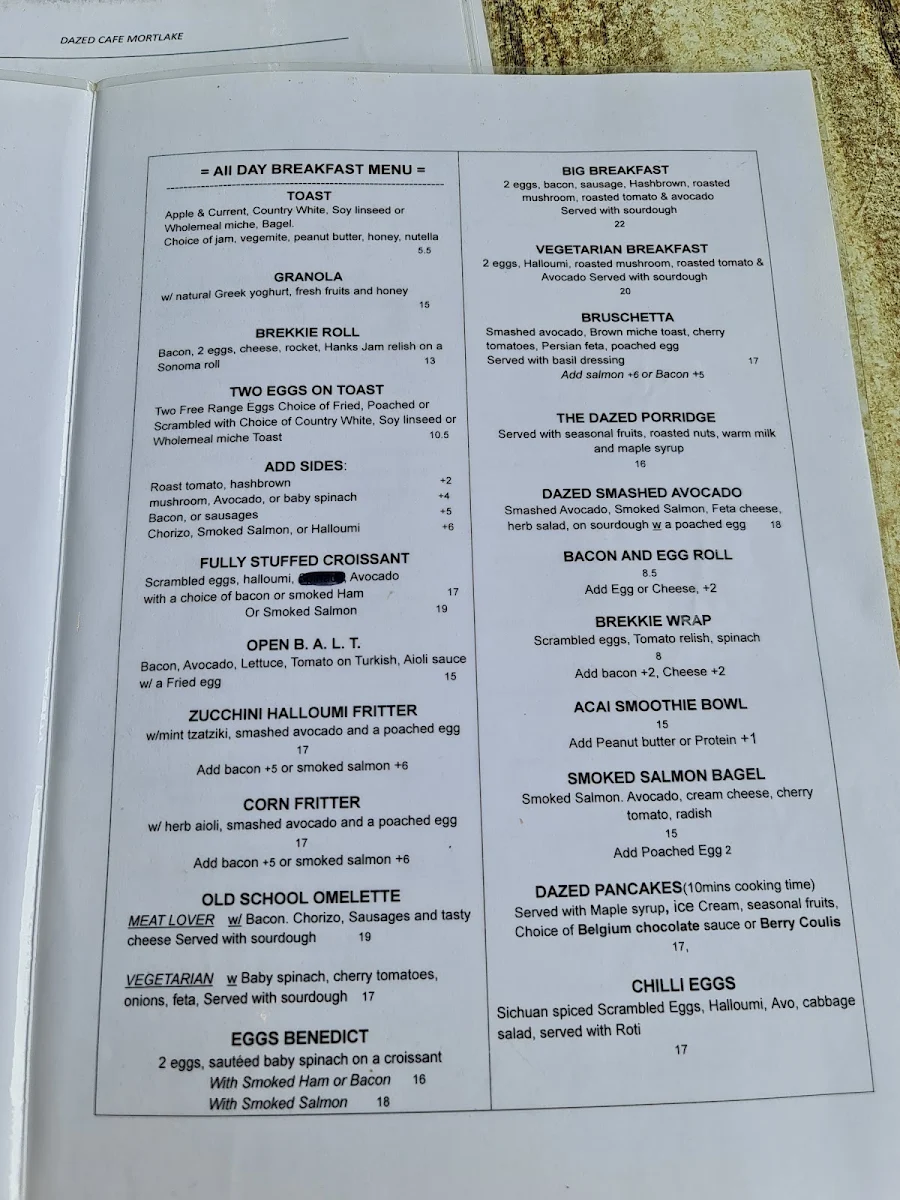 Menu, Dazed cafe