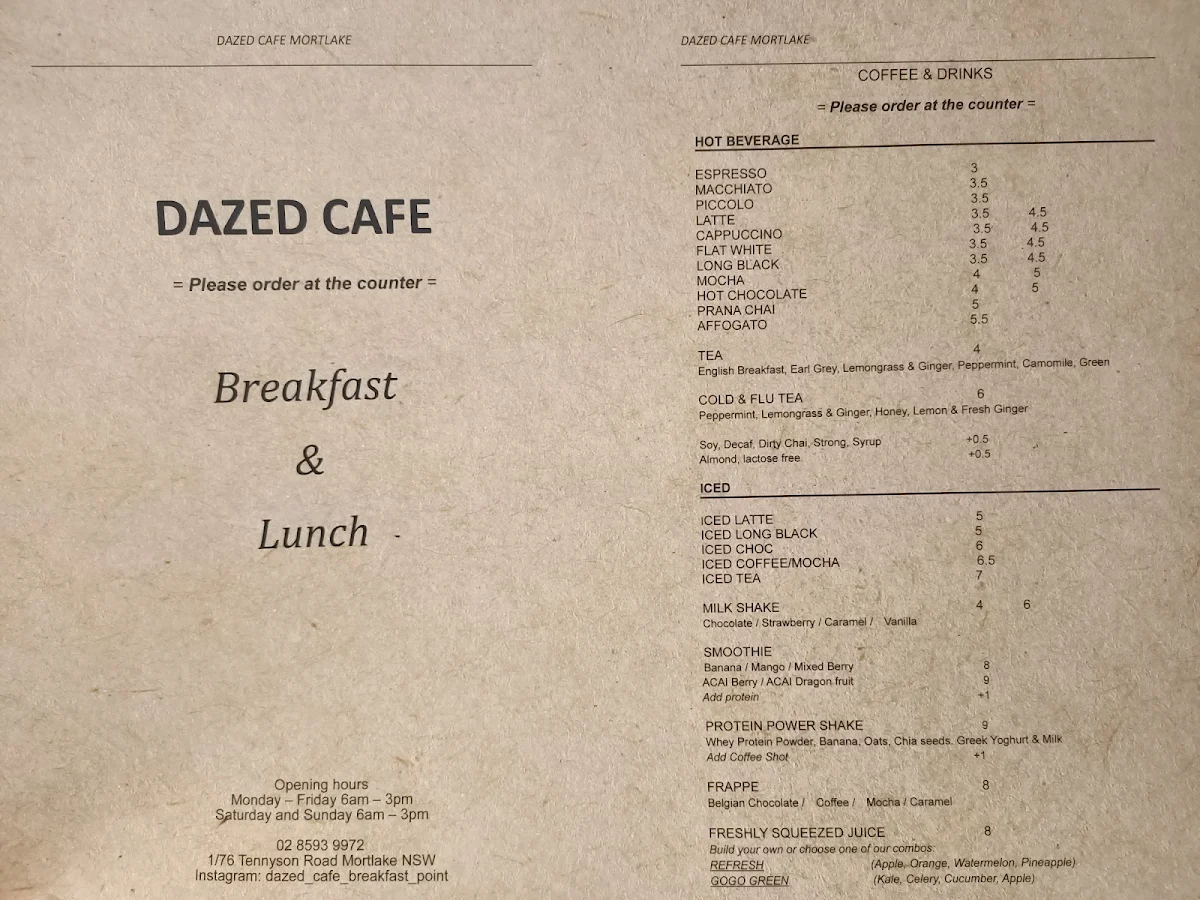 Menu, Dazed cafe