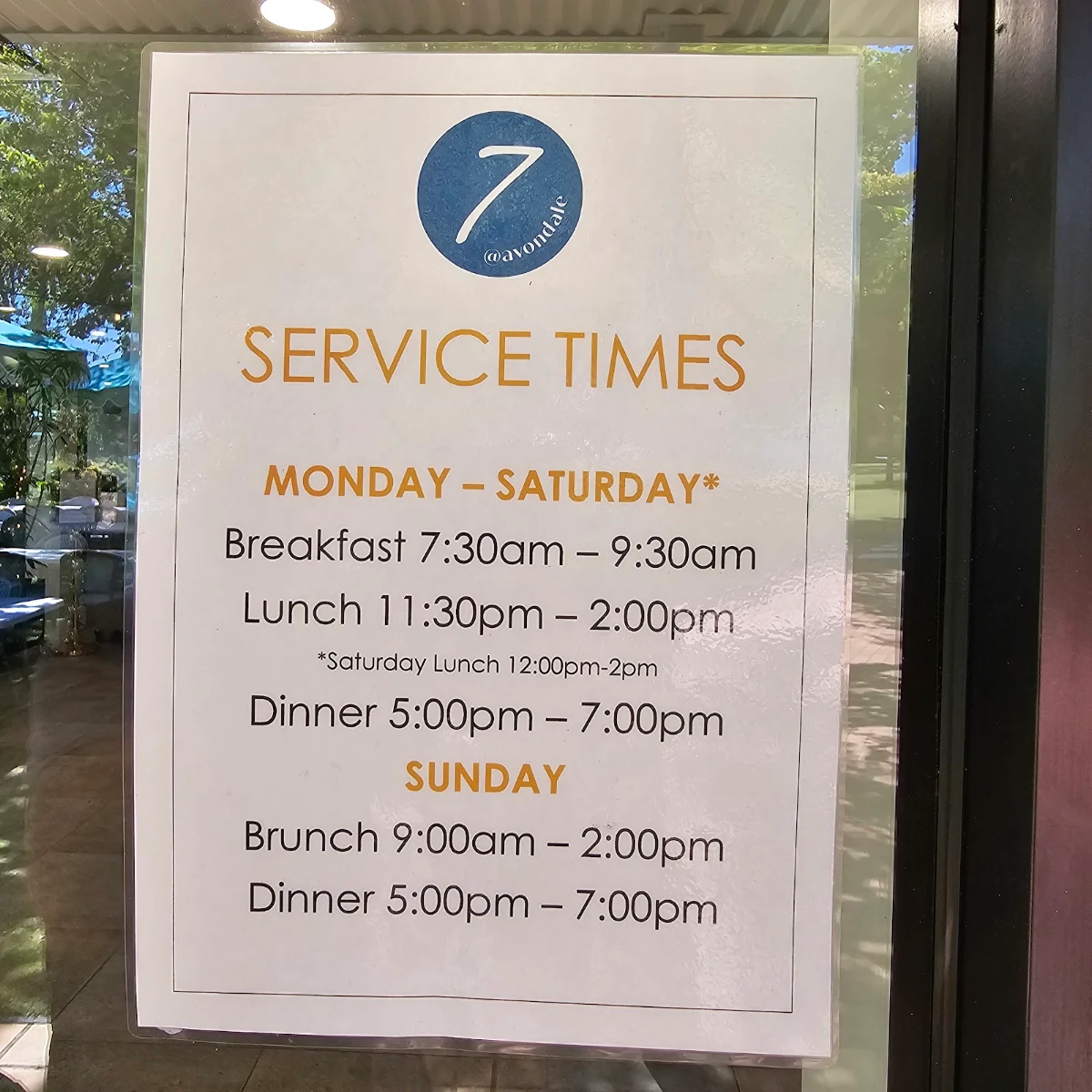 Menu, 7 at Avondale