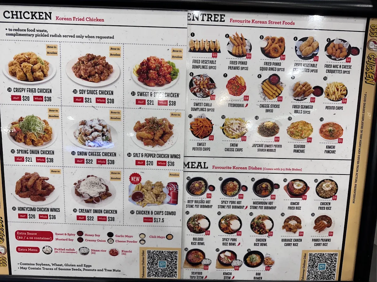 Menu, 888 Korean Fried Chicken delivery Gordon Northshore 한국치킨 韩式炸鸡 배달