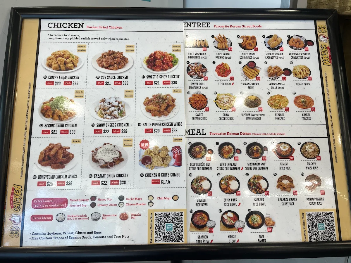 Menu, 888 Korean Fried Chicken delivery Gordon Northshore 한국치킨 韩式炸鸡 배달