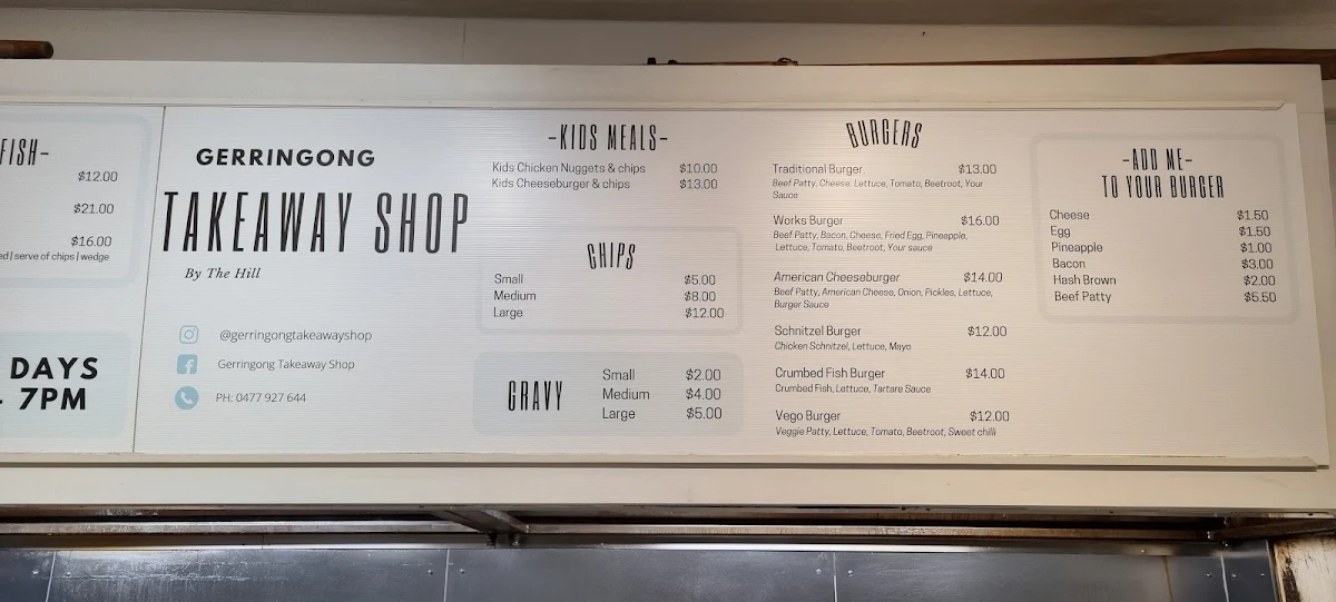 Menu, Gerringong Takeaway