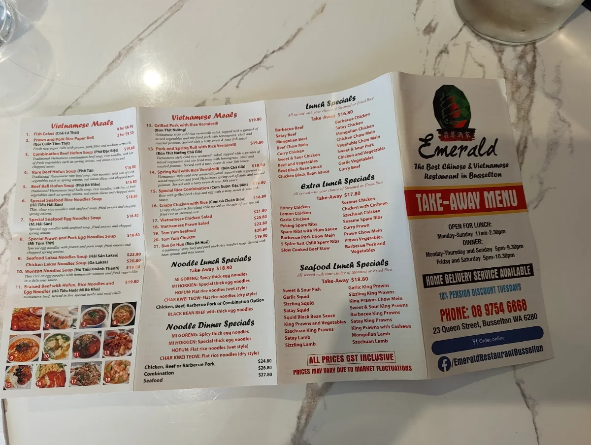 Menu, Emerald Chinese and Vietnamese Restaurant