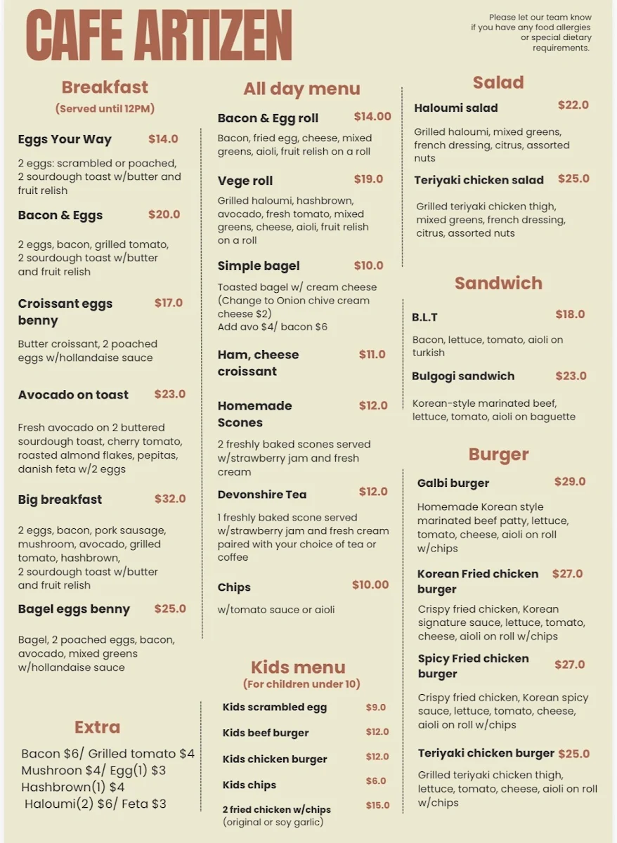 Menu, Artizen Cafe