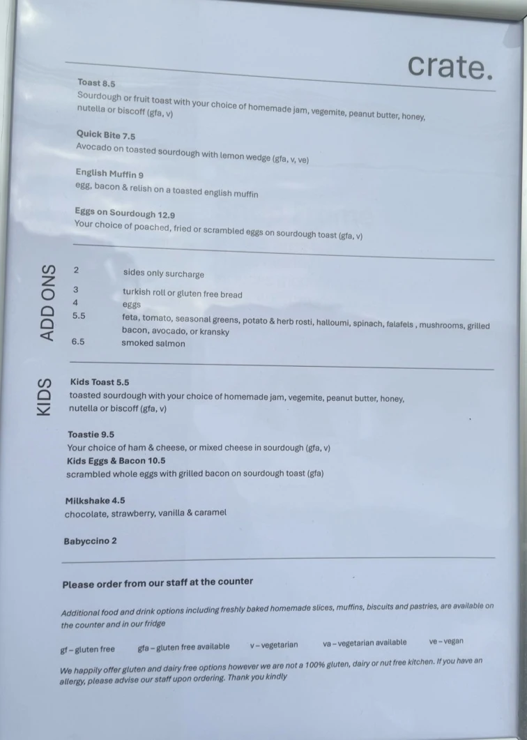Menu, Crate Specialty Coffee
