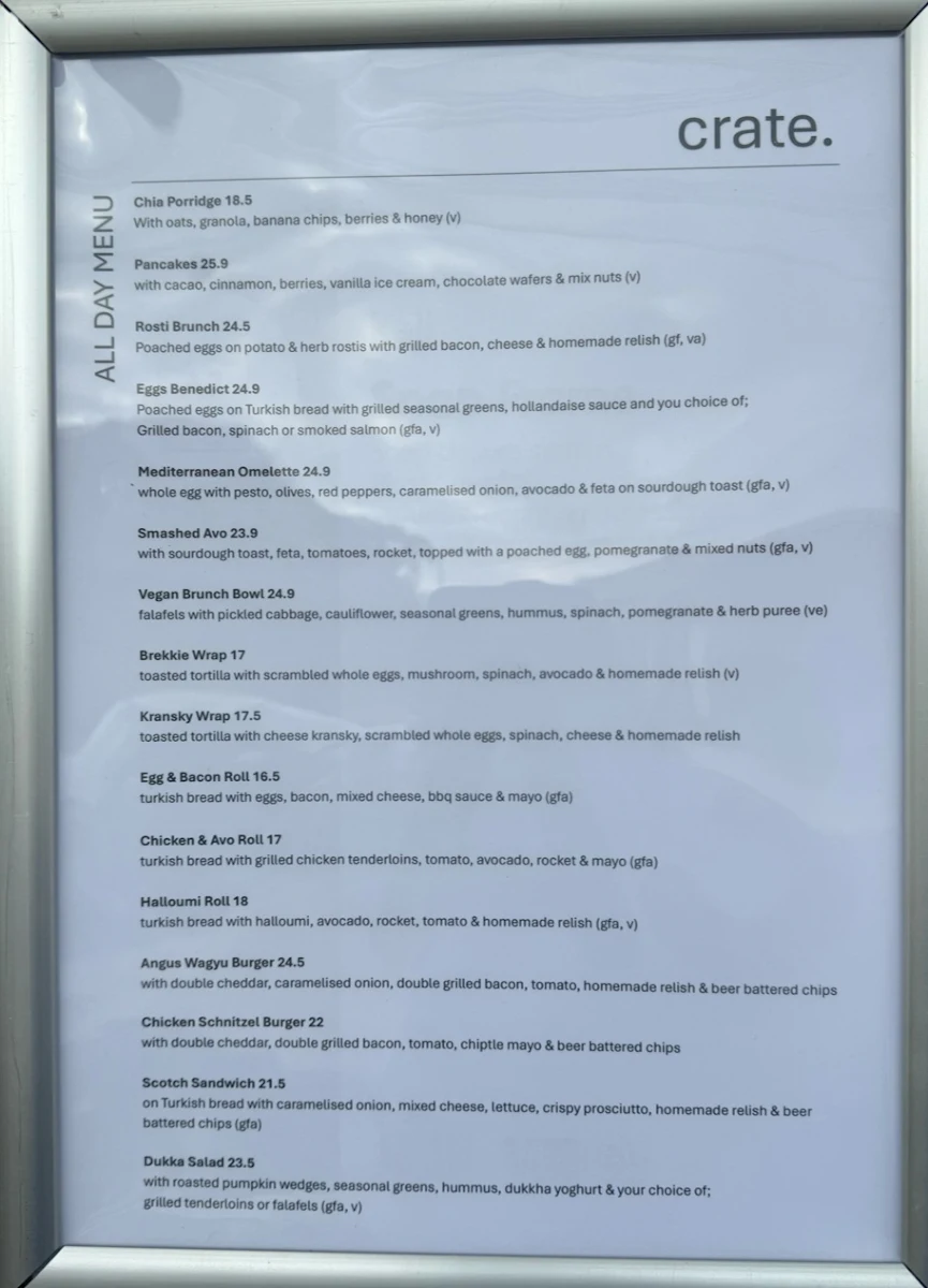 Menu, Crate Specialty Coffee