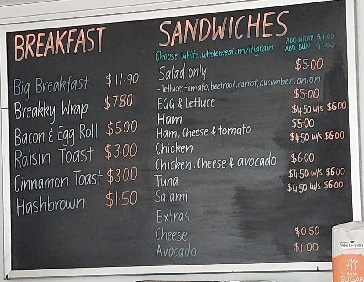 Menu, Pitstop Snack Bar