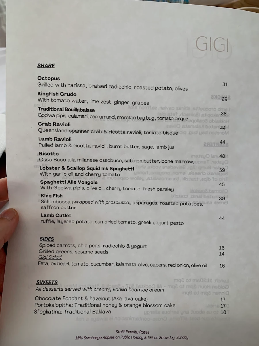 Menu, GiGi Bar Restaurant