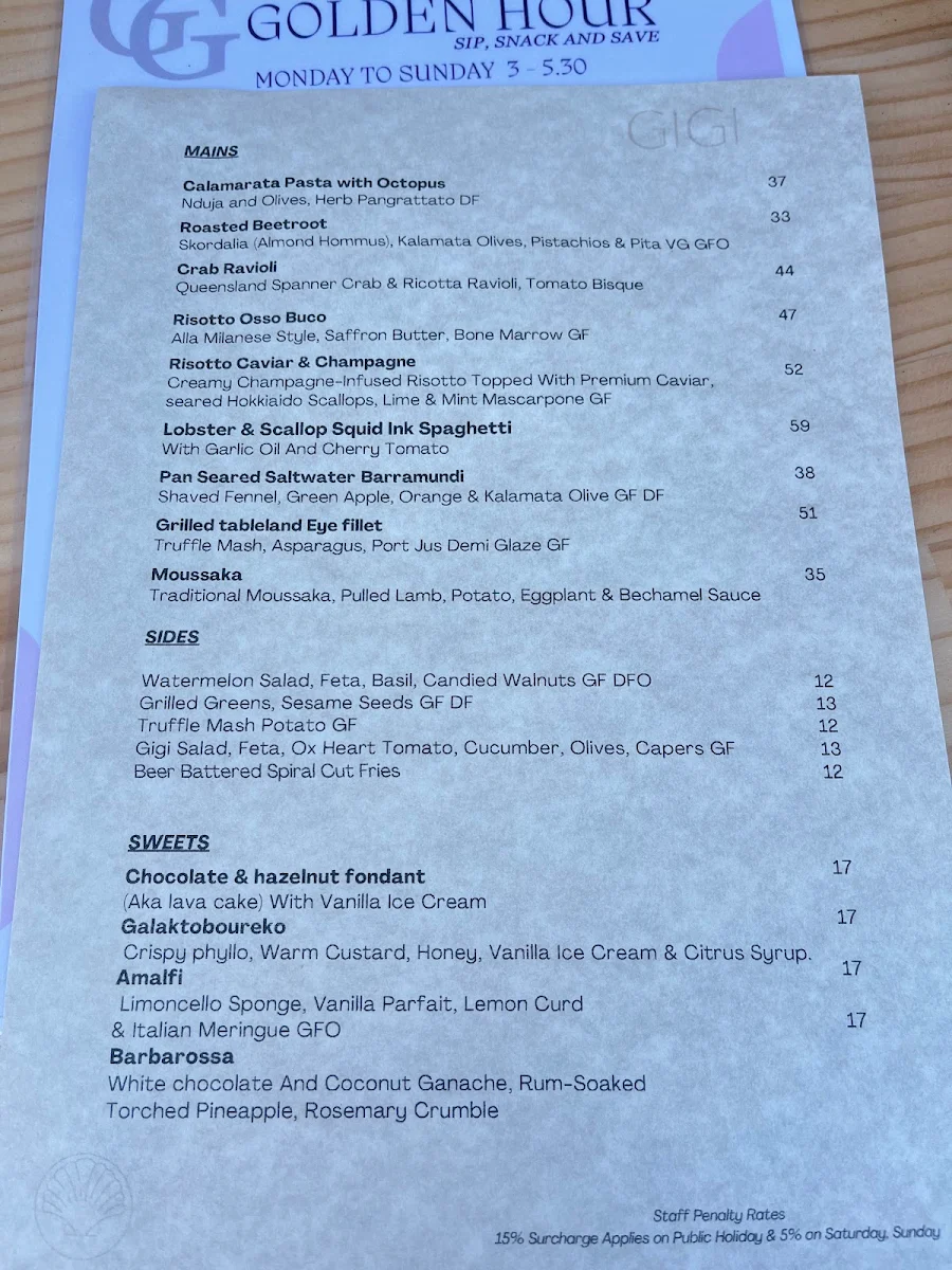 Menu, GiGi Bar Restaurant