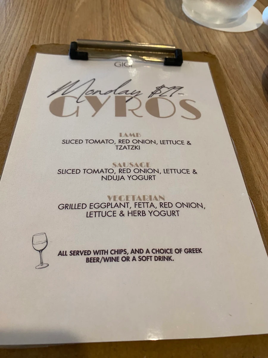 Menu, GiGi Bar Restaurant