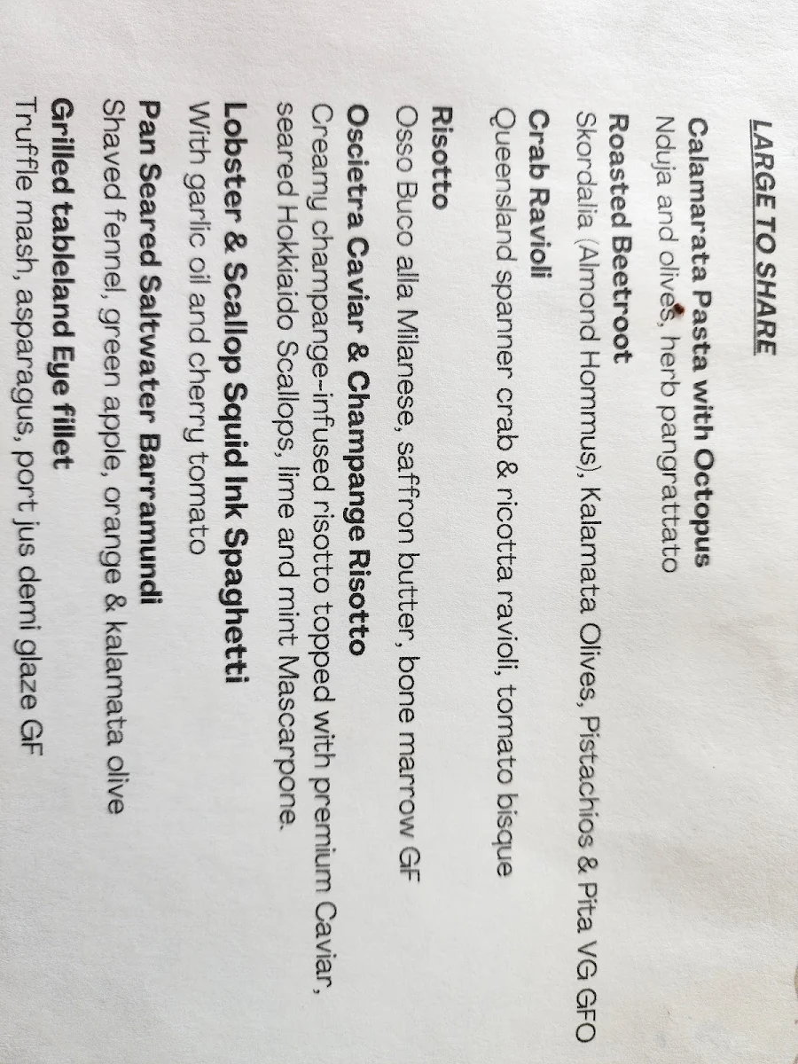 Menu, GiGi Bar Restaurant