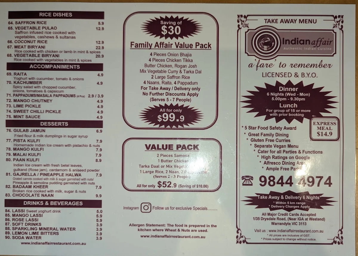 Menu, Indian affair restaurant