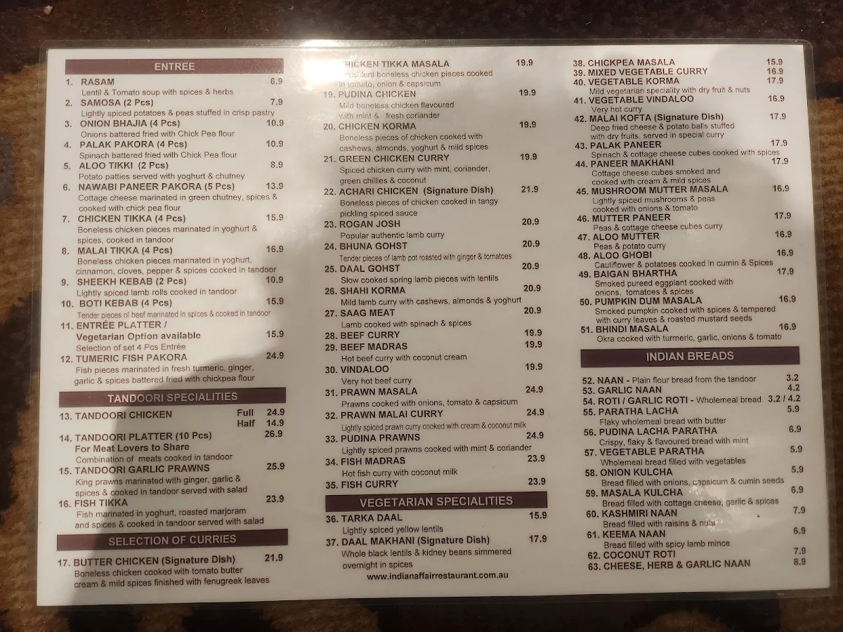 Menu, Indian affair restaurant