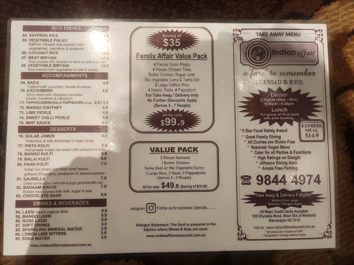Menu, Indian affair restaurant