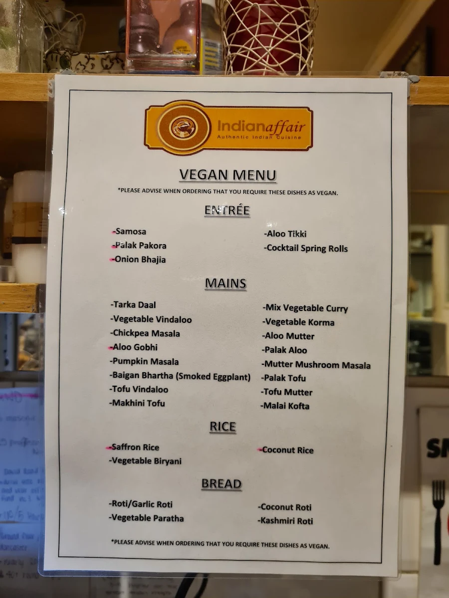 Menu, Indian affair restaurant