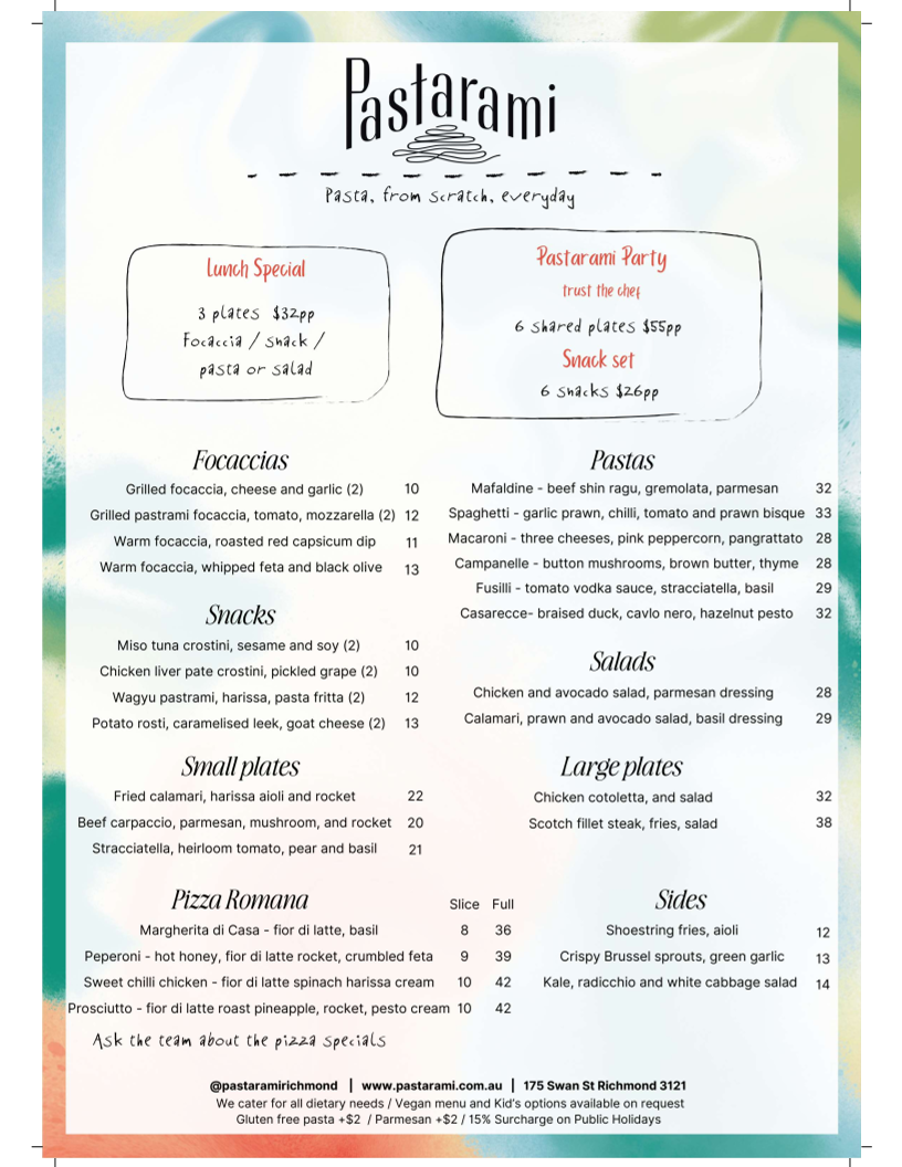 Menu, Pastarami