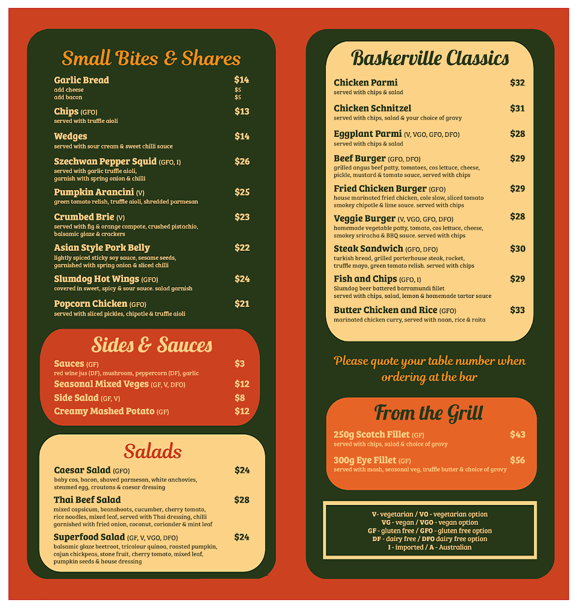 Menu, Baskerville Tavern