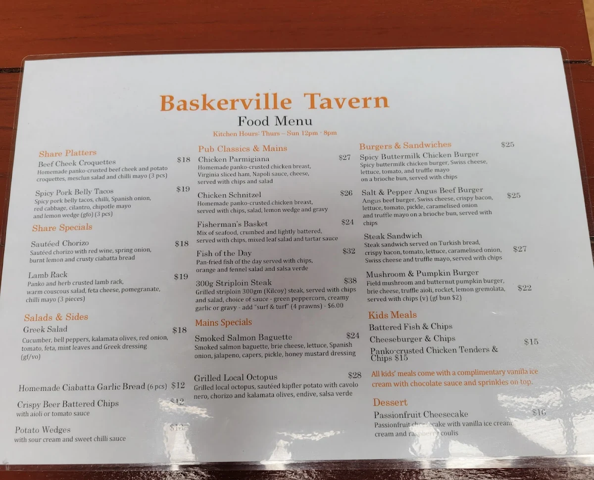 Menu, Baskerville Tavern