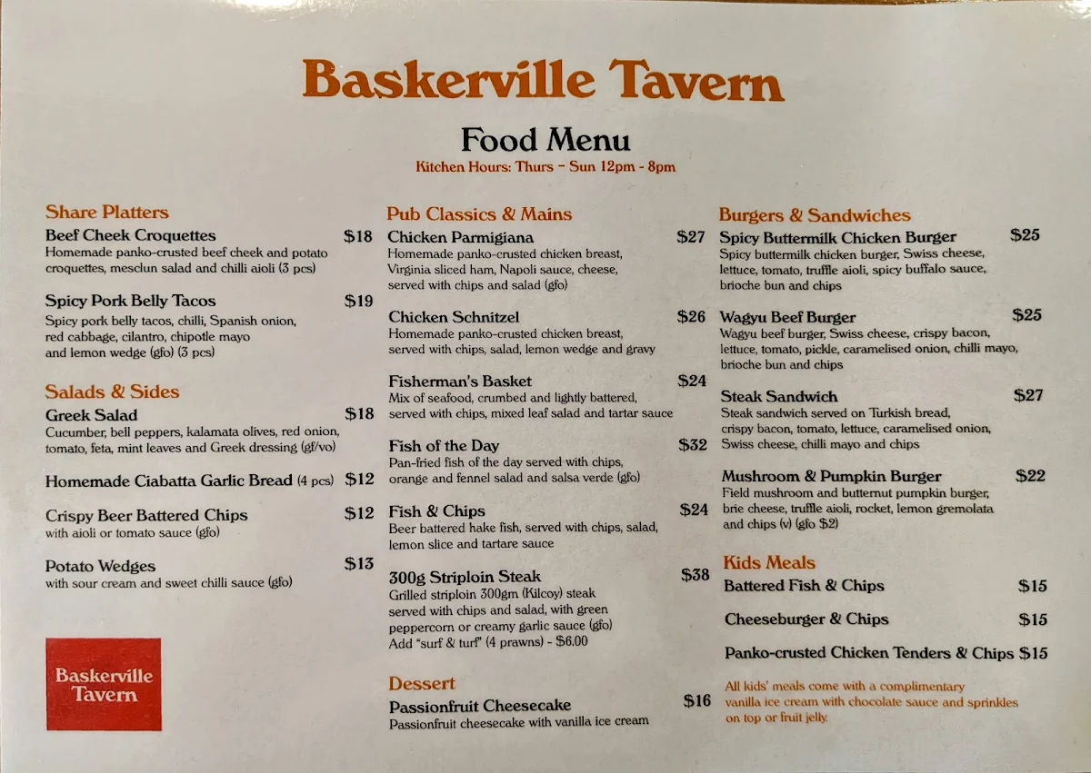 Menu, Baskerville Tavern