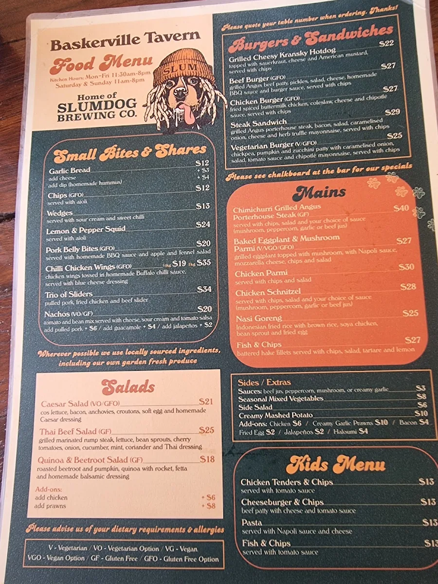 Menu, Baskerville Tavern