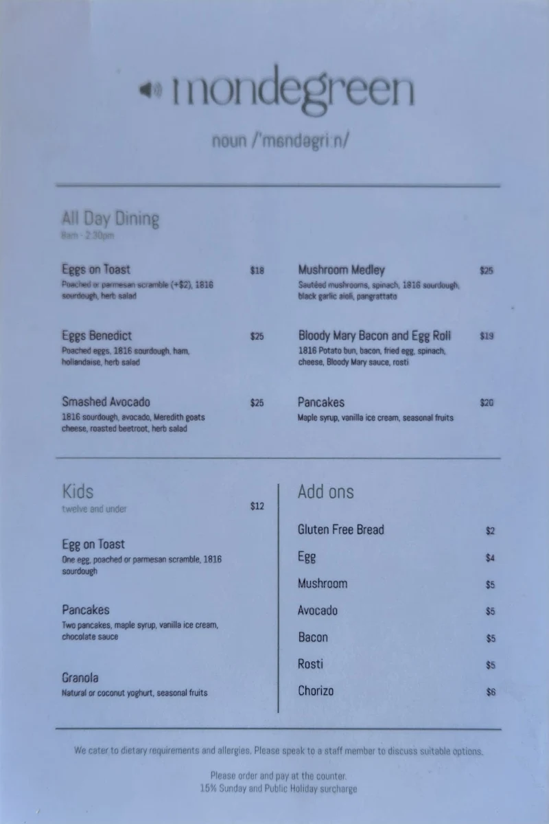 Menu, Mondegreen Cafe