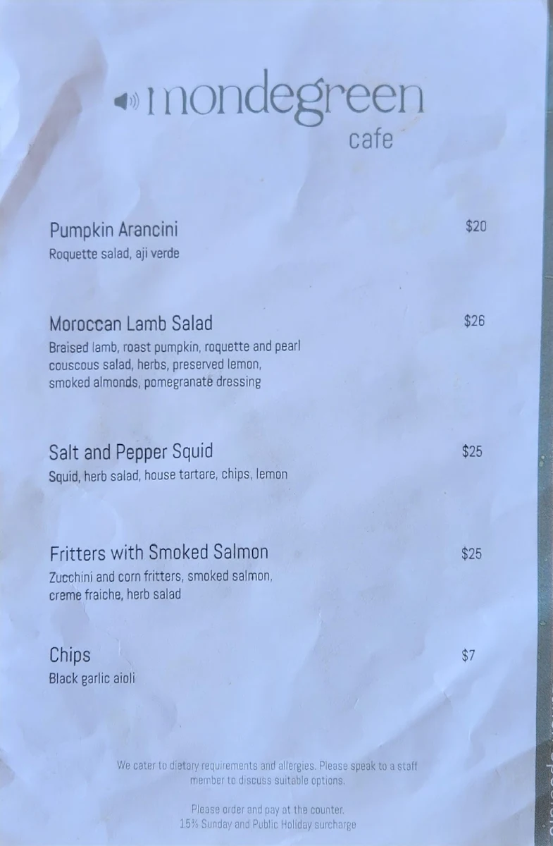 Menu, Mondegreen Cafe