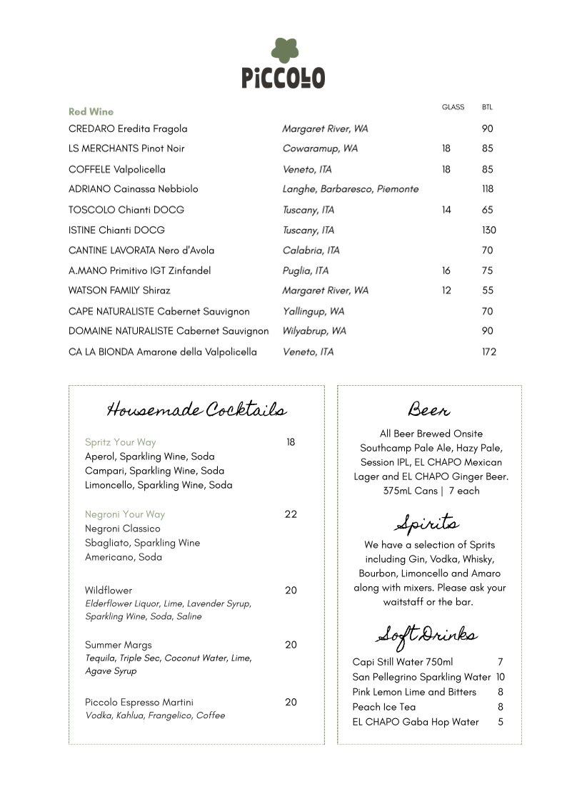 Menu, Piccolo at Southcamp Dunsborough