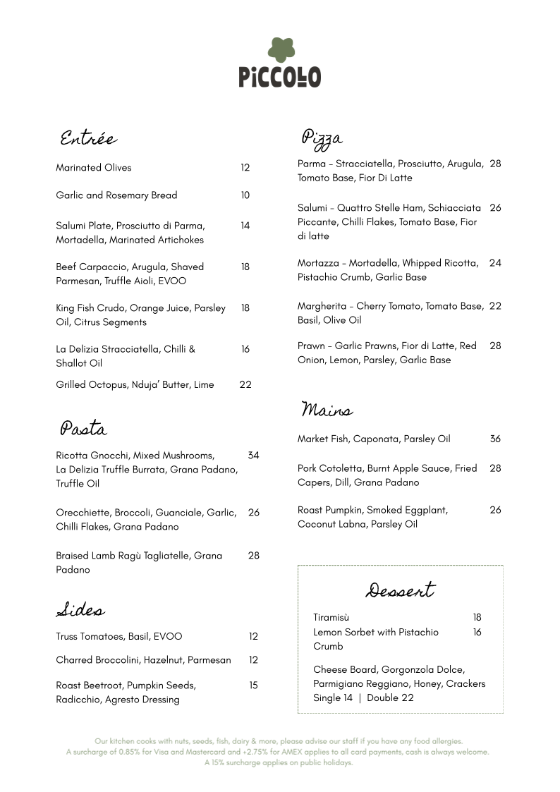 Menu, Piccolo at Southcamp Dunsborough