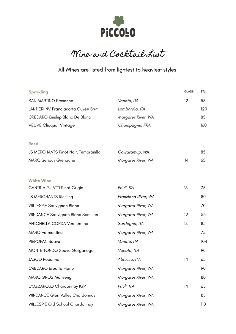 Menu, Piccolo at Southcamp Dunsborough