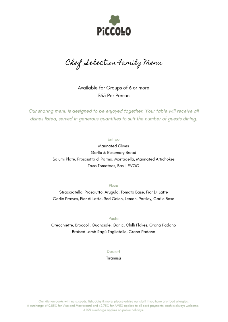 Menu, Piccolo at Southcamp Dunsborough